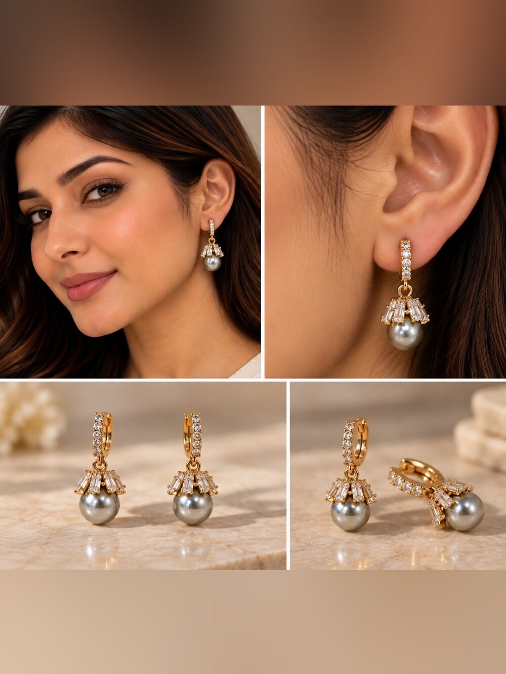 Gold-tone Pearl Drop Earrings with Gray Pearl and Crystal Accents